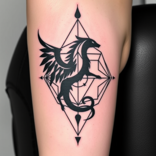 Geometric blackwork tattoo combining sacred geometry and animal silhouettes, precise line work and symmetry, bold contrast and negative space, modern minimalist design