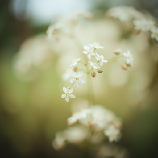 capture a soft-focus close-up of delicate white flowers swaying gently in a blurred, natural background with a shallow depth of field, using a DSLR camera at f/2.8, ISO 100, 50mm lens, and a slight overexposure for a dreamy effect