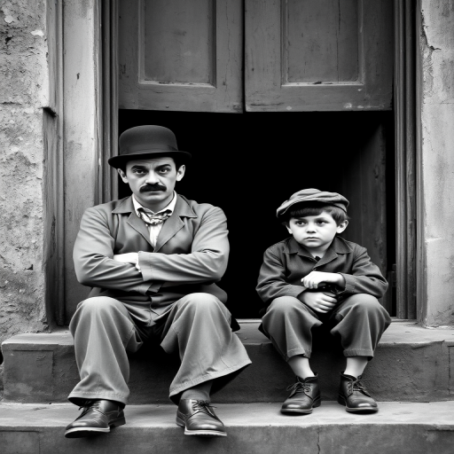 A black-and-white photograph of a man and a child sitting on steps in front of a doorway. The man is dressed as a tramp with a bowler hat, mustache, and ragged clothes, reminiscent of Charlie Chaplin's iconic look. He is sitting with his arms crossed and an expression of slight sadness or frustration. Next to him is a young boy, also in worn clothes and a cap, sitting with his hands clasped, looking thoughtful. The background is an old, textured wall and a partially open door, creating a vintage, early 20th-century atmosphere.
