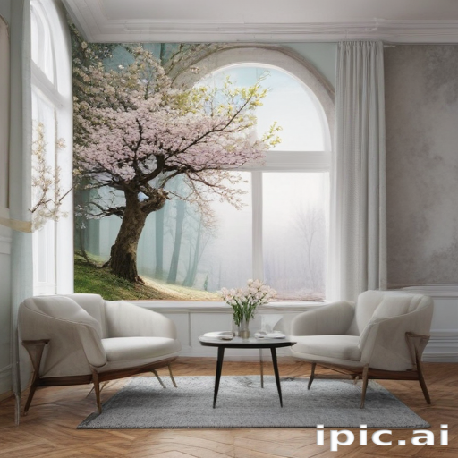 Serene Living Room with Cherry Blossom Mural and Cozy Armchairs