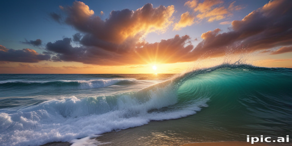 Majestic Sunset Over Ocean Waves with Dramatic Clouds and Sunlight