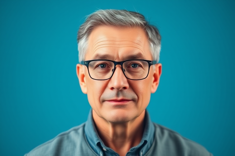 Generate an image of a middle-aged man with short gray hair and glasses, front view, brightly lit, using a DSLR camera at f/2.8 aperture, 50mm lens, ISO 100, with a clean blue gradient background for enhanced clarity and detail.