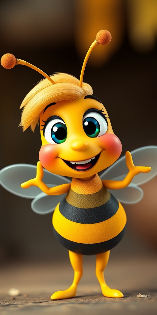 Create a vibrant cartoon character of a happy bee with blonde hair in a playful pose, using a DSLR camera with a 50mm lens, aperture f/1.8, ISO 100, taken from a slightly angled front view to enhance color saturation and detail.