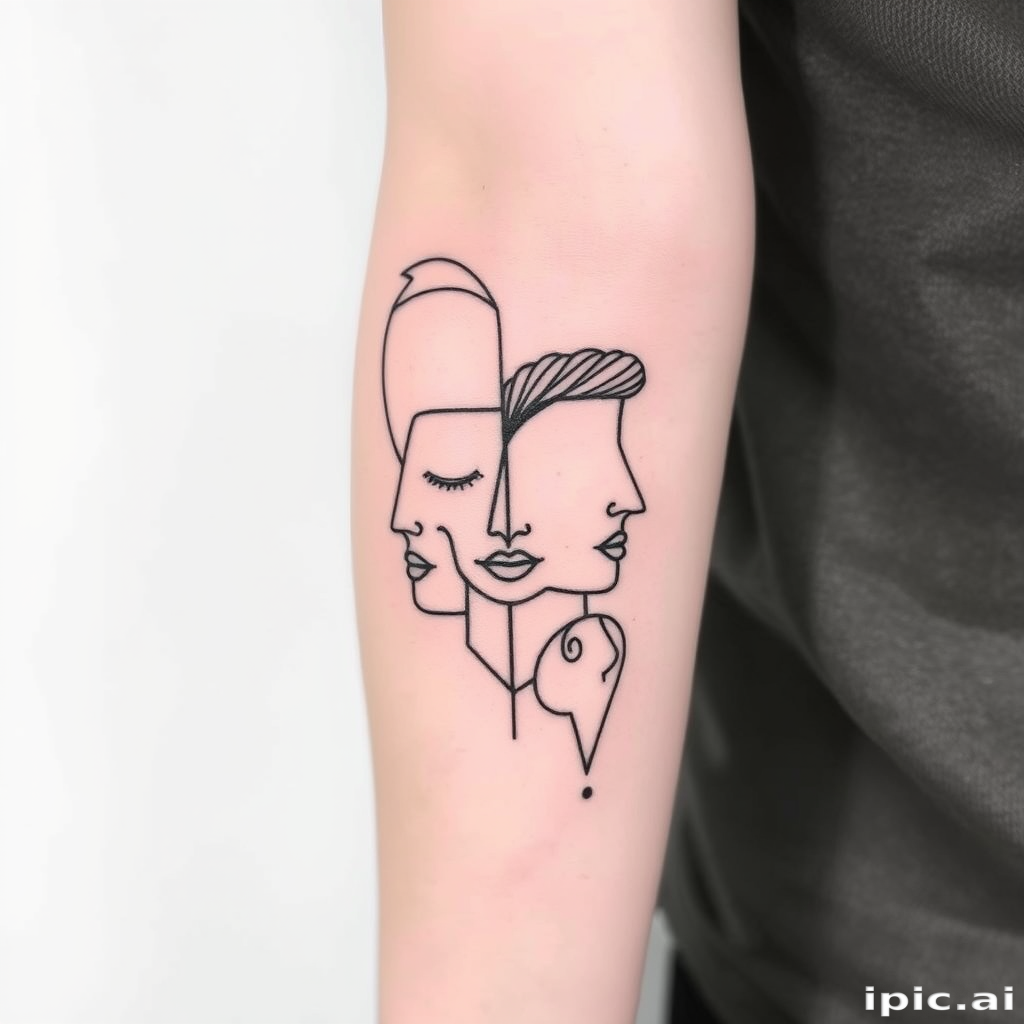 Striking minimalist body tattoo of a single continuous line forming abstract faces and figures, wrapping around the upper arm in bold black ink