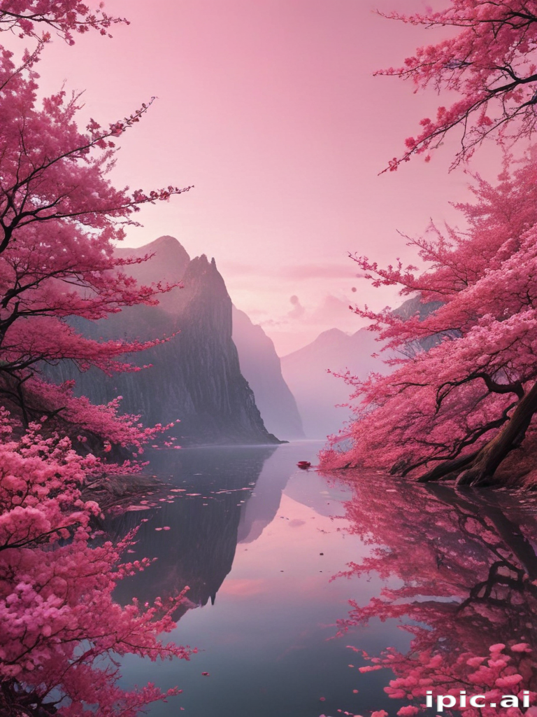 A Serene Landscape of Pink Cherry Blossoms Reflecting in Calm Waters.