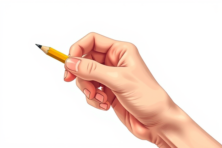 Create an illustration of a hand holding a pencil with a realistic style, 50mm lens, f/4 aperture, ISO 100, natural lighting, focus on hand details and pencil texture.