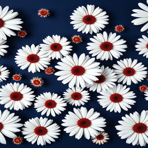create a seamless pattern of white daisies with red centers on a dark blue background, shot with a 50mm lens at f/4, ISO 100, aperture priority mode, top-down view, using a DSLR camera for high detail and clarity