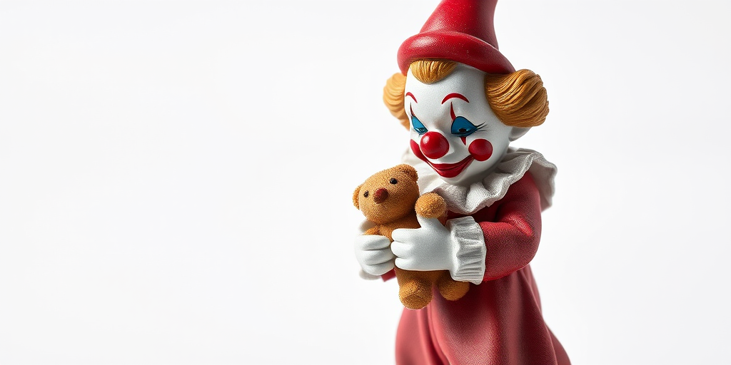 Regenerate the image of a clown figurine holding a teddy bear with a white background, using a DSLR camera with a 50mm lens, aperture set to f/1.8, ISO 100, and a shallow depth of field to enhance focus on the clown, capturing in high-resolution RAW format.