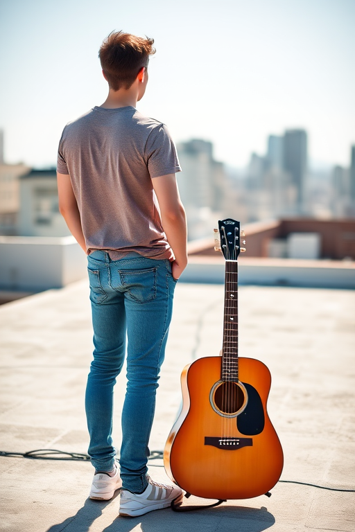 young man standing with back to camera on rooftop with acoustic guitar beside him, bright sunlight, shallow depth of field, f/2.8 aperture, 1/200 sec shutter speed, ISO 100, shot with a DSLR camera using a 50mm lens, natural lighting, clean composition