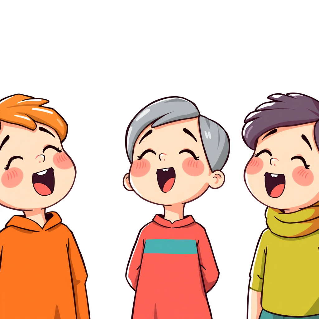 Create a high-resolution illustration of five cartoon children singing with varying hairstyles and colors in a horizontal arrangement, using a bright color palette, shot with a digital camera at f/4 aperture, 50mm lens, and natural lighting to enhance detail and vibrancy.