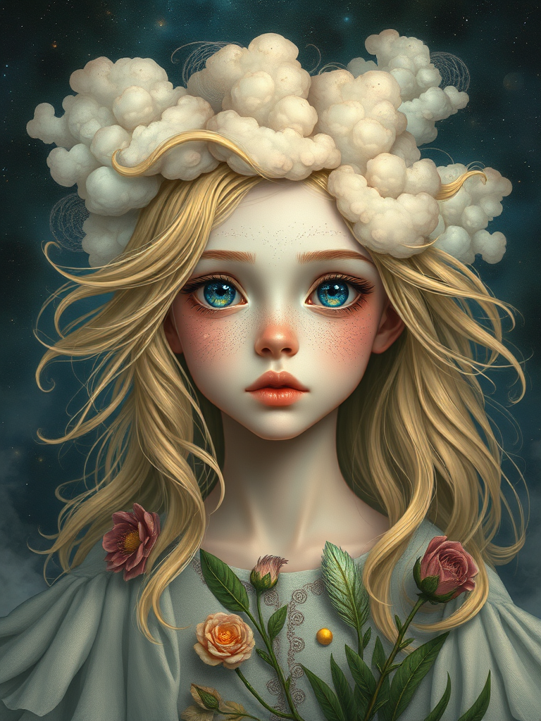 Create a series of imaginative portraits where each subject is infused with elements of fantasy and nature. The hair of the individuals should flow like clouds, varying from soft, fluffy cumulus to wispy cirrus strands, with hints of color reflecting a sunset or a clear blue sky. The eyes should be windows to entire galaxies, with stars, nebulae, and distant planets visible within them. Clothing should be adorned with nature motifs, such as floral patterns that bloom and change, vines that seem to grow and wrap around, or feathers that shimmer with iridescence. Each portrait should capture a unique personality, blending human features with the ethereal beauty of the natural and cosmic world. The backgrounds can vary, from starry night skies to enchanted forests, adding depth and context to the magical realism of the portraits