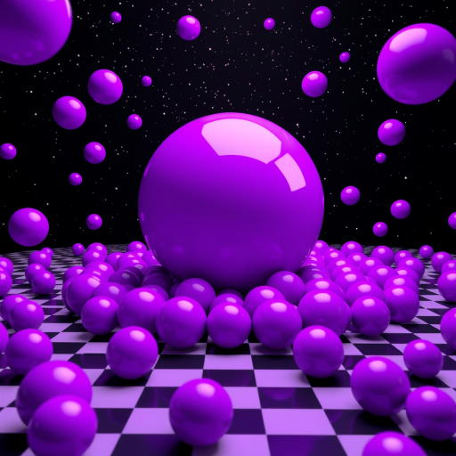 Create an image of a vibrant purple sphere surrounded by smaller purple spheres in a 3D space, with a black starry background and a checkered floor, captured with a 50mm lens at f/2.8, ISO 100, using a DSLR camera in a wide-angle view to enhance depth and quality.