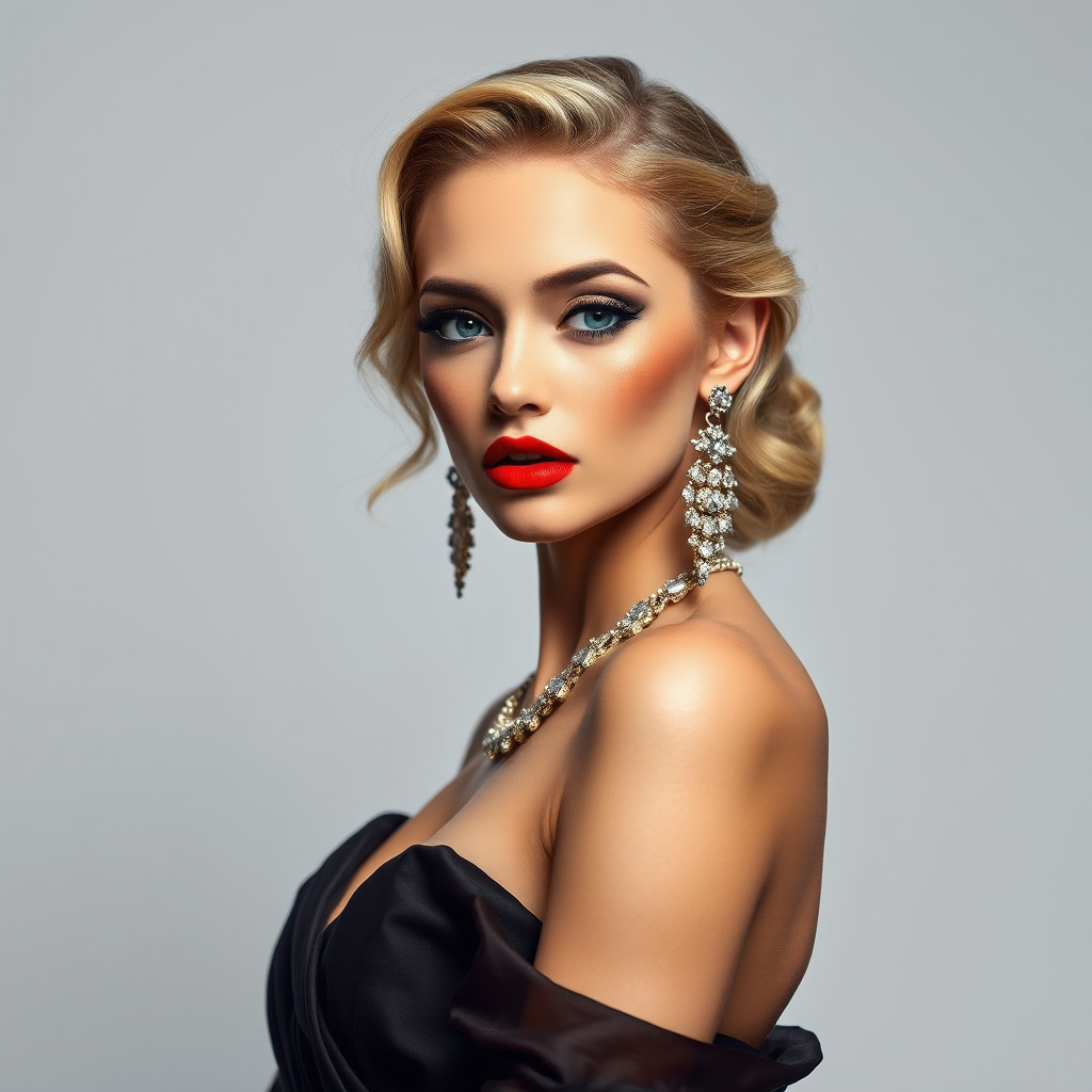 Studio portrait, female model, elegant couture dress, bold makeup, dramatic lighting, Shoot over the shoulder using a telephoto lens to focus on small details like jewelry, makeup, or fabric textures