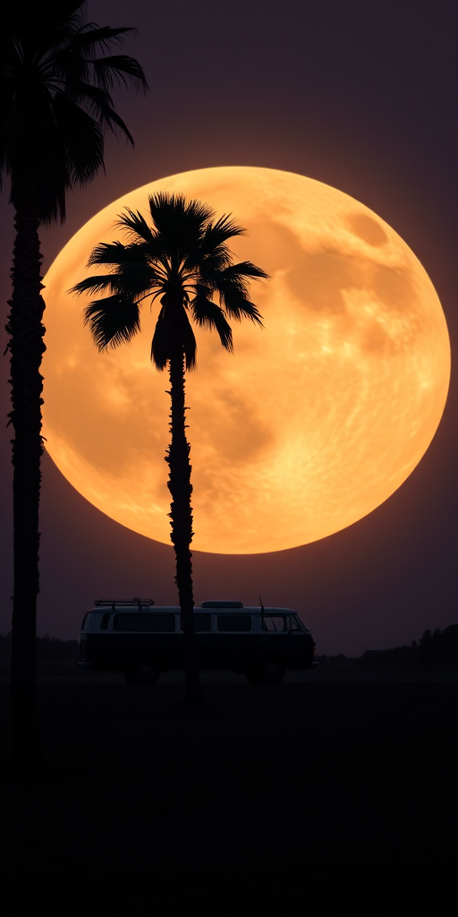 create an image of a silhouette of a van and palm trees against a large, pale moon, captured with a DSLR camera, aperture f/8, ISO 100, 35mm lens, shot at sunset with a soft focus for a dreamy effect