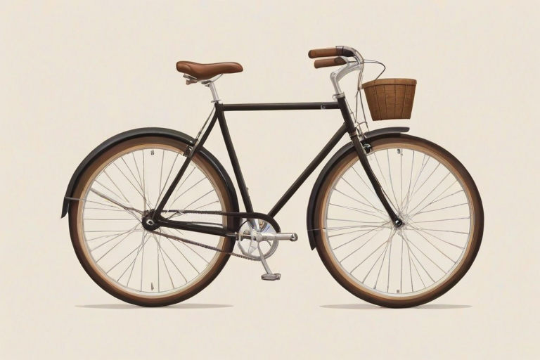 Create a minimalist illustration of a classic bicycle with a black frame, brown seat, and large tan tires, set against a plain white background.