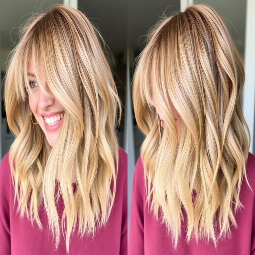 Warm honey blonde hair cut into a shaggy, layered lob with curtain bangs embodies the effortlessly cool "Sun-Kissed Surfer" style, featuring natural-looking balayage highlights in shades of pale gold and wheat that create movement and texture, evoking a carefree and beachy vibe