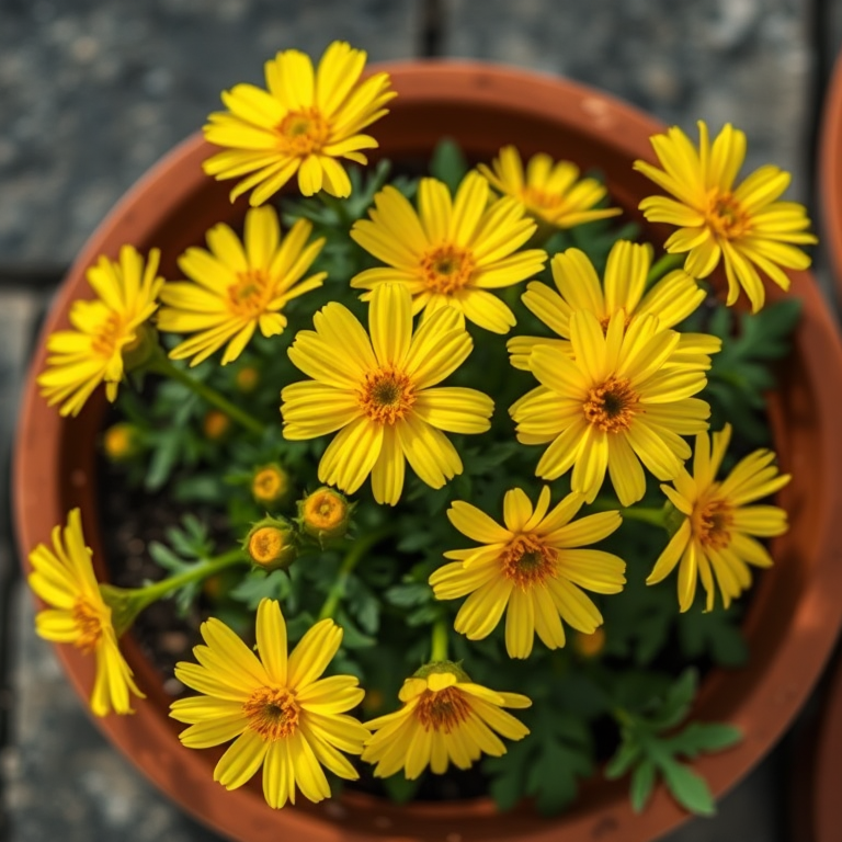 photograph of vibrant yellow flowers in a terracotta pot, top-down view, natural lighting, aperture f/2.8, ISO 100, shutter speed 1/200, DSLR camera, macro style