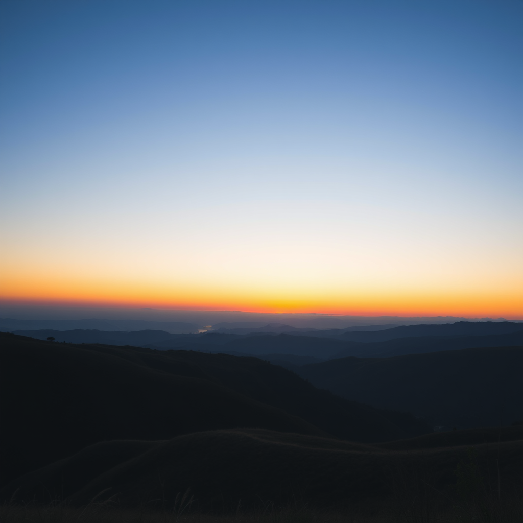 Create a high-resolution image of a serene landscape at sunrise featuring rolling hills and a clear sky, with a Canon EOS R5, 50mm lens, aperture set to f/1.8, ISO 100, 1/200 sec shutter speed, landscape orientation, and vibrant colors.