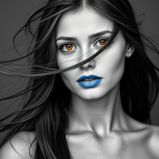 Photographic image of a beautiful young Circassian woman, orange eyes, lips with blue lipstick, long hair fluttering in the wind and wearing a silk strapless dress with a soft purple and orange print. monochrome image with only color highlights in the iris of the eyes, lipstick and dress. Gray background.