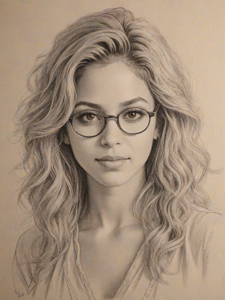 Exquisite Shakira, pencil sketch, portrait of Fascinating woman 1928s in glasses, hair style beatnik, outline, clear lines, fine lines, 8k