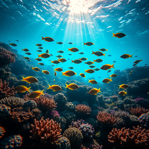 Create an underwater scene depicting a variety of fish swimming among vibrant coral reefs, with sunlight filtering through the water, using a DSLR camera with a 24mm lens, aperture f/8, ISO 400, and a shallow depth of field.