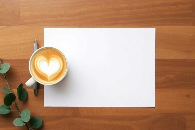 A minimalist flat lay of a blank white sheet of paper with a sleek silver pen beside it and a cup of cappuccino with a heart design, shot with a Canon EOS R5, 50mm lens, aperture f/1.8, ISO 100, natural light, top-down view, high resolution.