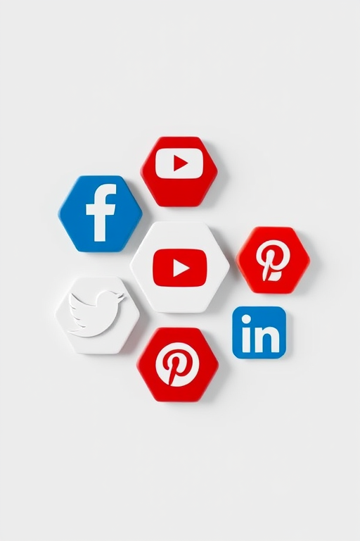 Create a high-resolution image of a hexagonal layout featuring social media icons like Facebook, Google+, YouTube, Pinterest, Twitter, and LinkedIn, with a modern minimalist design, using a 50mm lens at f/2.8, ISO 100, and natural soft lighting.