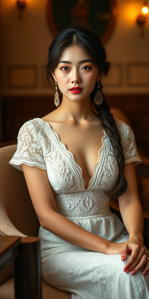 Create a portrait of a refined and elegant Korean woman seated in a sophisticated setting. She has long, wavy hair styled in two thick braids that are pulled over her shoulders. She wears a white, lace gown with intricate patterns, featuring a deep V-neckline and short sleeves. The dress exudes a vintage charm with its delicate lacework. She is adorned with ornate, dangling earrings that add a touch of glamour to her appearance. The background is softly lit, with warm, ambient lighting that creates a cozy and inviting atmosphere. Her expression is poised and serene, capturing a sense of grace and elegance.
