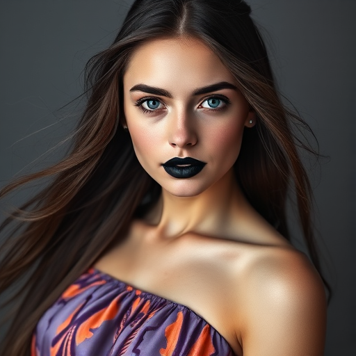 Photographic image of a beautiful young Native American woman, blue eyes, lips with black lipstick, long hair fluttering in the wind and wearing a silk strapless dress with a soft purple and orange print. monochrome image with only color highlights in the iris of the eyes, lipstick and dress. Gray background.