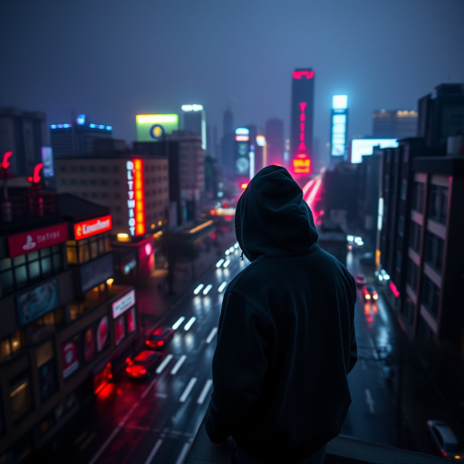 Create a dark, atmospheric cityscape with neon lights reflecting on wet streets, featuring a solitary figure in a hoodie overlooking the city, using a DSLR camera with a 24mm lens, f/2.8 aperture, ISO 800, and a long exposure for enhanced light trails, shot from a high vantage point in a cinematic style.