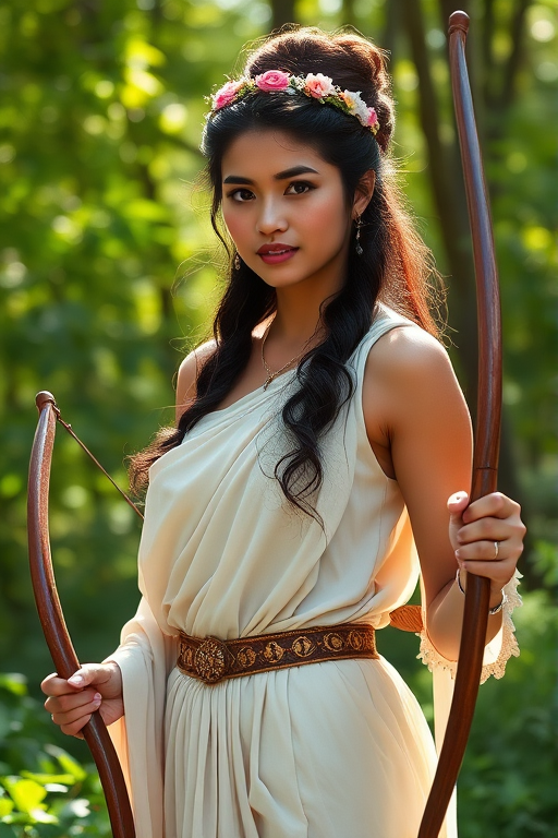 Create a portrait of a goddess-like Mapuche girl figure in a tranquil, forested environment. She has an elegant appearance with long, wavy hair styled in an updo and adorned with a delicate, floral headband. She wears a flowing, ancient Greek-inspired gown in a soft, pale color, featuring a one-shoulder design and draped fabric that accentuates her graceful form. The outfit includes a decorative belt with ornate gold detailing, and she holds a bow in her hand, with a quiver of arrows slung over her shoulder. The background depicts lush greenery, with sunlight filtering through the trees, casting a gentle, ethereal light on the scene. Her expression is calm and contemplative, embodying a sense of wisdom and serenity.
