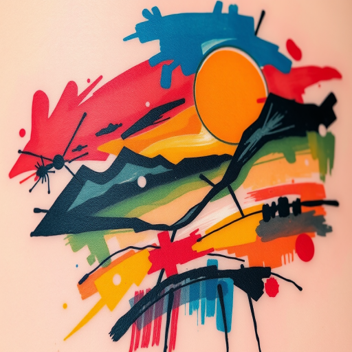 Abstract expressionist tattoo piece titled "Emotional Landscape" using bold brushstrokes and vivid colors to create a non-representational design that evokes strong emotions and personal interpretations