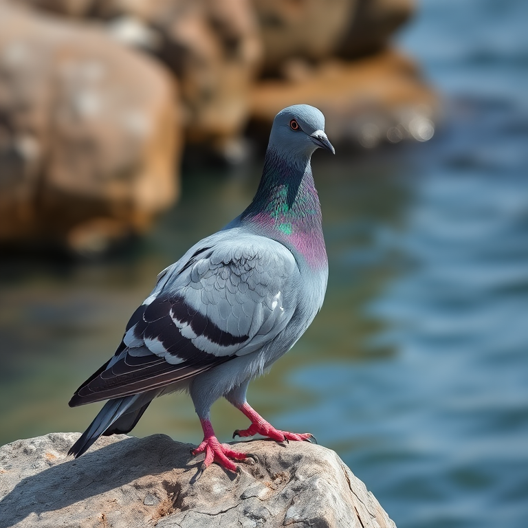 A detailed photograph of a pigeon perched on a rock by the water, captured with a DSLR camera at f/2.8 aperture, ISO 200, 1/1000 sec shutter speed, in natural light with a shallow depth of field, emphasizing the textures of the feathers and the rock background.