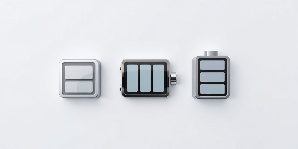 Create an image featuring three battery icons representing charging status, with a focus on a sleek, modern design, shot with a Canon EOS R5 at f/4, ISO 100, and a shutter speed of 1/200s, using a top-down view for clarity and detail in a minimalist style.