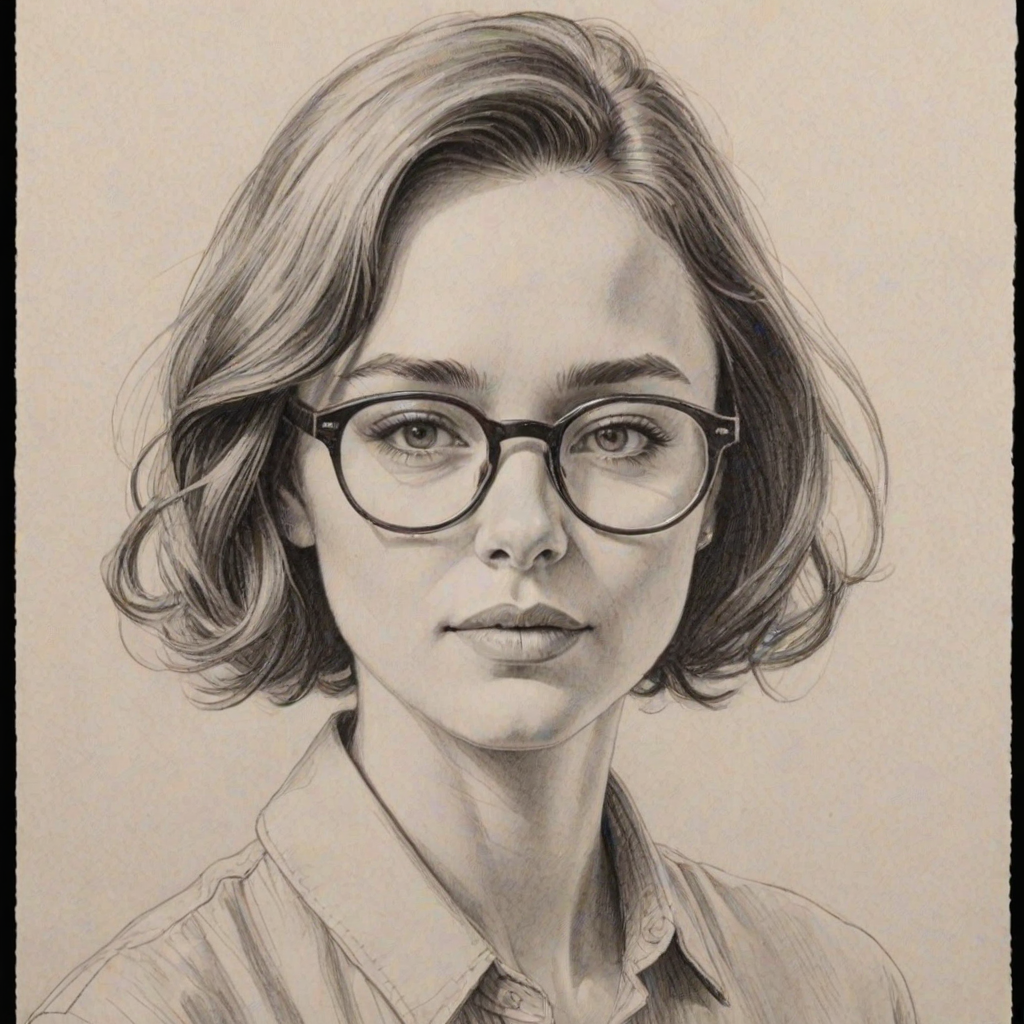Superb Elliot Page, pencil sketch, portrait of Magnificent woman 1963s in glasses, hair style beatnik, outline, clear lines, fine lines, 8k