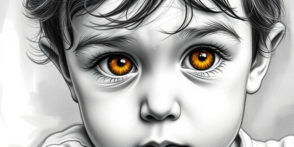 A hyperdetailed photorealistic black and white sketch of a beautiful toddler with deep Yellow eyes, with a macro focus