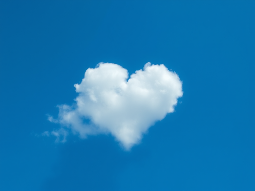 Create a high-resolution image of a heart-shaped cloud in a clear blue sky, using a Canon EOS R5 with a 50mm f/1.2 lens, aperture set at f/8, shutter speed at 1/200 sec, ISO 100, taken from a wide-angle view to emphasize the sky.