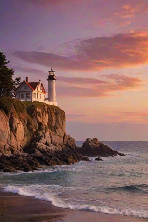 Generate an image of a tall lighthouse perched on a rocky outcrop surrounded by calm ocean waters during a breathtaking sunset. The lighthouse stands sturdy and weathered, its stone surface illuminated by the warm golden light of the setting sun. The sun's rays pass directly through the glass lantern room at the top of the lighthouse, casting a brilliant light across the scene. The sky is painted with vibrant shades of orange, pink, and purple, reflecting off the tranquil sea. The surrounding water shimmers with the same warm hues, creating a serene and majestic atmosphere.