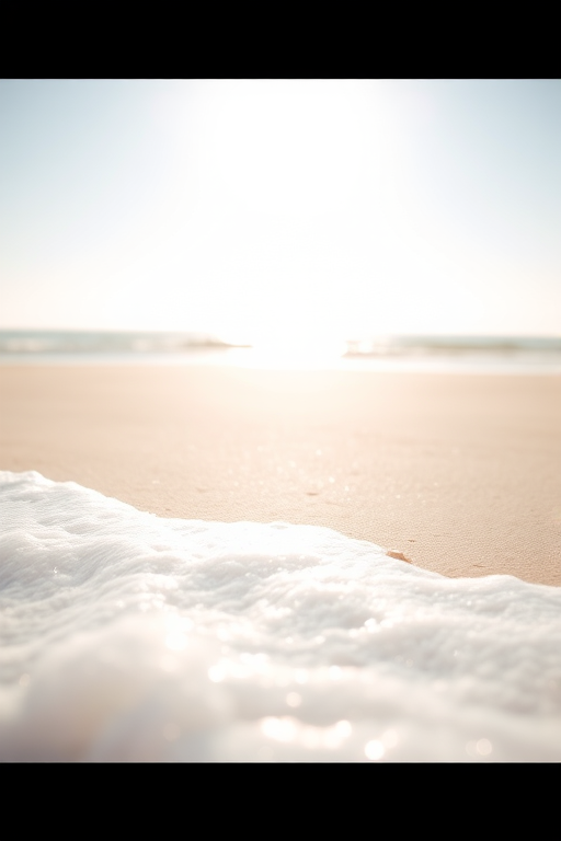 create a serene beach scene with soft pastel colors, bright sunlight, and gentle waves in the foreground, using a DSLR camera with a 50mm lens, aperture f/2.8, ISO 100, shutter speed 1/250s, taken from a low angle to capture depth and enhance colors, in a bright and airy style.