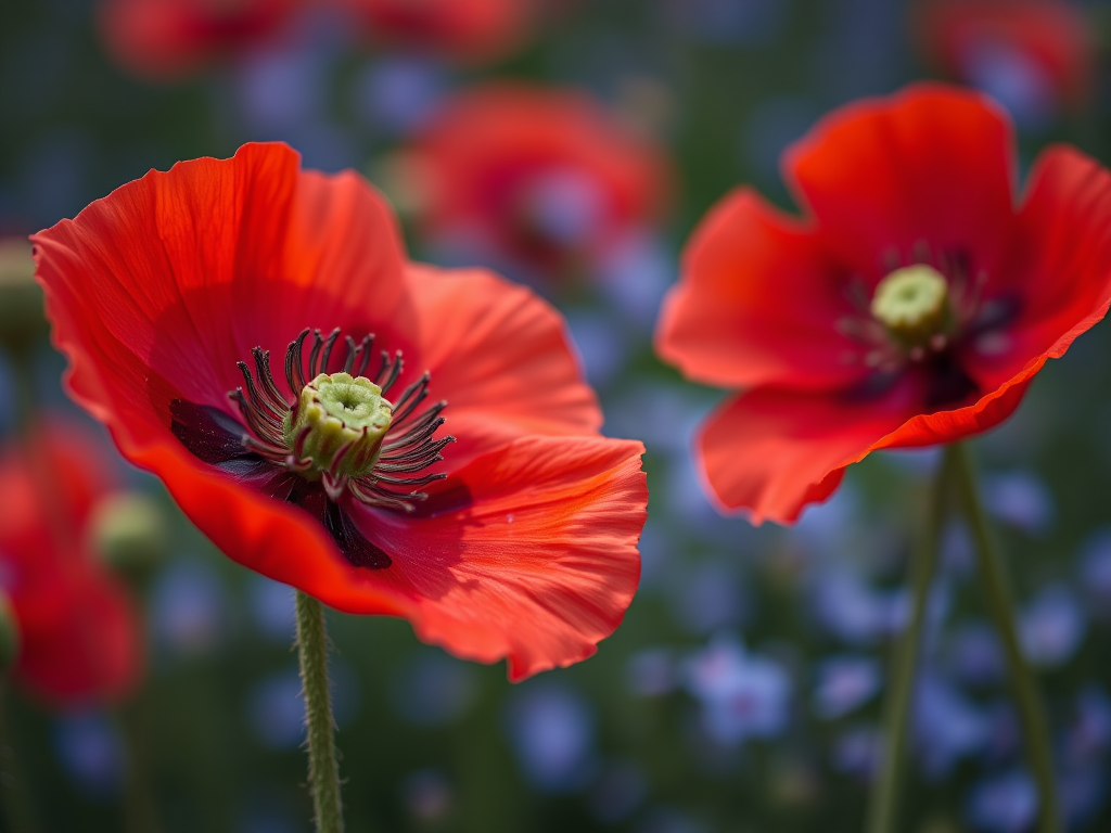 Close-up of a vibrant red poppy flower with a blurred background of tiny blue flowers, shot with a Canon EOS 5D Mark IV, 50mm lens, aperture f/2.8, shutter speed 1/200s, ISO 100, natural light.