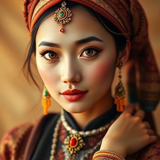 Create a portrait of a beautiful Thai woman with striking orange eyes and a gentle expression. She is adorned in traditional attire with intricate patterns, including a richly embroidered headscarf and matching garments. Her jewelry includes a delicate headpiece, dangling earrings, and ornate bracelets, all featuring vibrant gemstones and detailed metalwork. The background is soft and warm, enhancing the rich colors of her outfit and jewelry.
