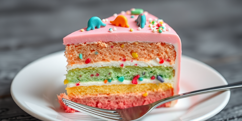A slice of colorful layered cake with pink frosting and white icing on top adorned with small decorative sprinkles and dinosaur-shaped candy decorations on the frosting, served on a white plate with a fork beside it.