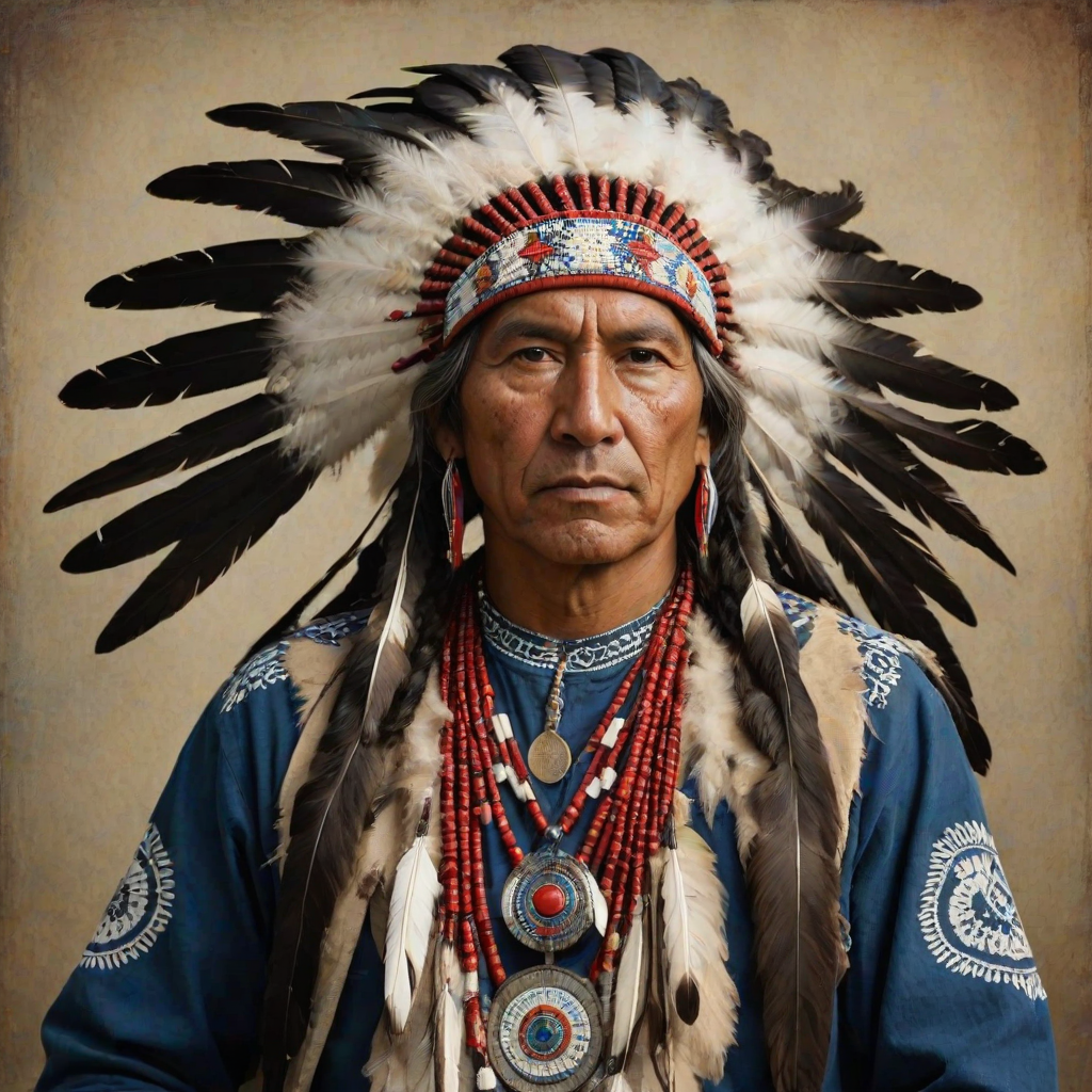 Create a dignified portrait of a Native American man dressed in traditional attire. He wears a beautifully crafted headdress adorned with white feathers and red beads, along with a beaded headband featuring intricate patterns. His clothing includes a deep blue, patterned shirt and a traditional chest piece with detailed beadwork. His arms are crossed, displaying leather armbands decorated with feathers. The background is simple and neutral, emphasizing his proud and stoic expression. The overall image captures the rich cultural heritage and strength of his persona.