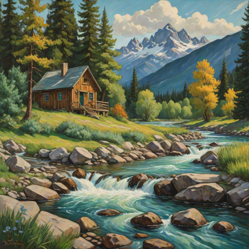 This Van Gogh-inspired painting depicts a peaceful scene of a small cabin located near a flowing river. The scene is surrounded by lush vegetation, including tall trees and rocky terrain. In the background, majestic mountains rise under a sky filled with rolling clouds. The river gently cascades over the rocks, adding a sense of movement and tranquility to the scene. The use of vibrant colors and detailed brushstrokes create a sense of depth and harmony in the natural setting.
