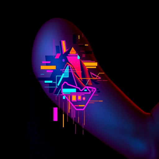 Glitch art-inspired pixelated design on upper arm, fragmented and distorted image in neon colors creating futuristic cyberpunk aesthetic