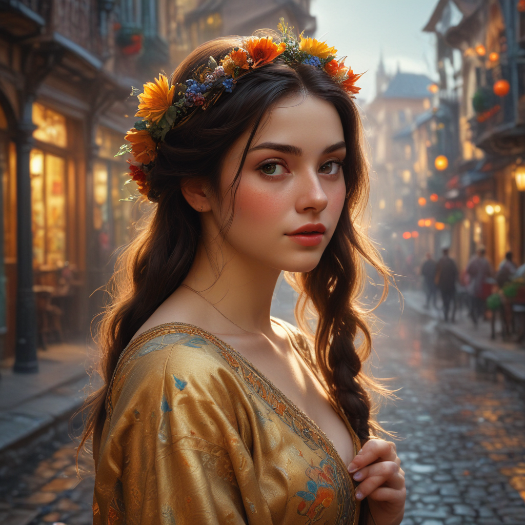 Enchanting Young Woman in Golden Dress with Floral Crown in Historic Street