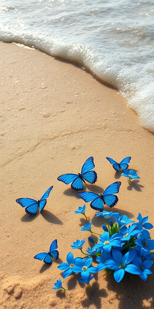 Create an image of a serene beach scene featuring sandy shores and gentle waves. Include vibrant blue butterflies scattered among beautiful blue flowers along the water's edge. The sunlight should reflect off the water, creating a sparkling effect. The overall atmosphere should be calm and peaceful, evoking a sense of tranquility.