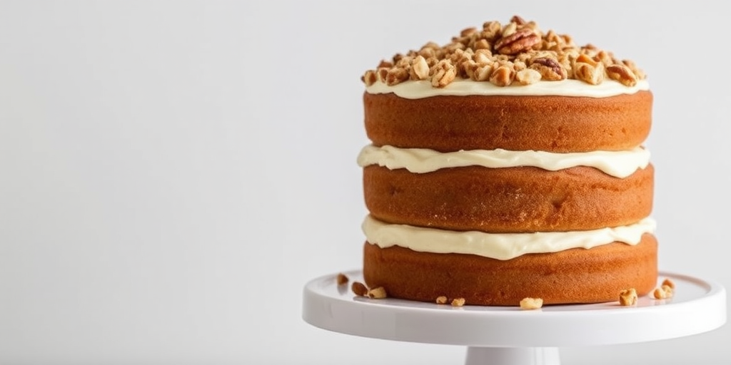 Three-layer cake with cream cheese frosting topped with chopped nuts on a white cake stand against a light background.