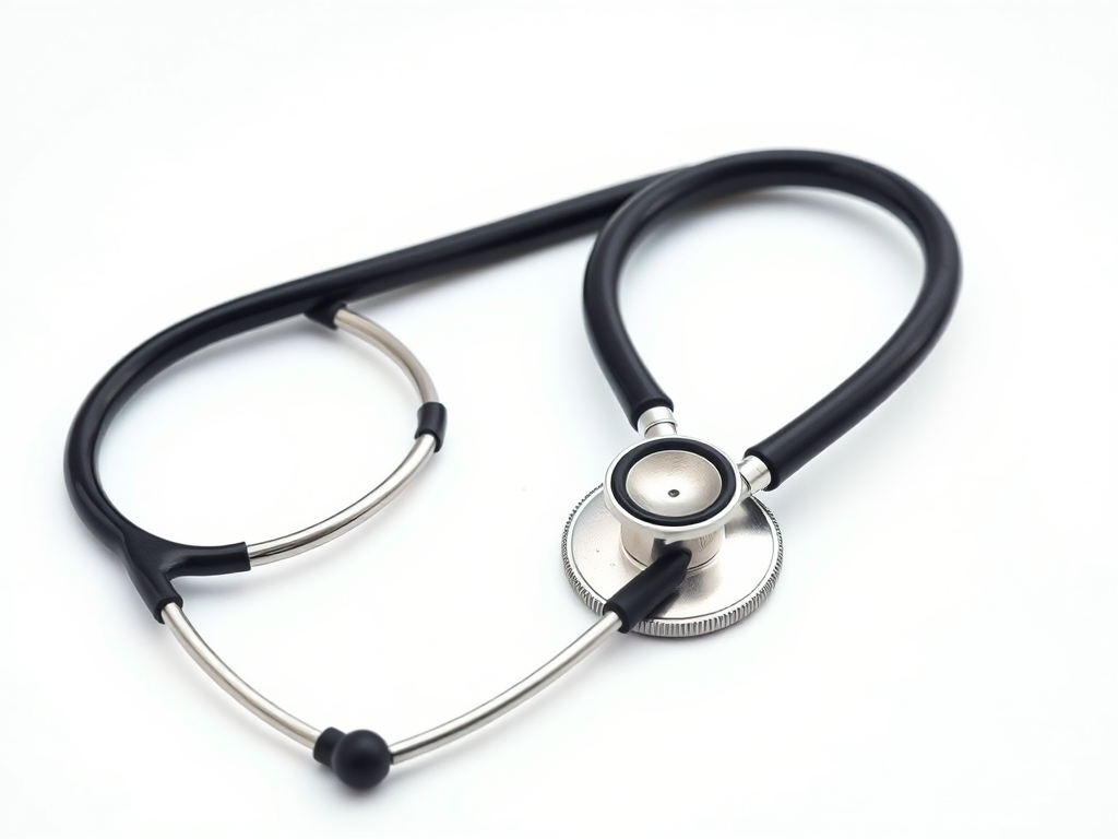 Create a hyper-realistic image of a black stethoscope on a white background, using a DSLR camera with a 50mm lens at f/1.8, ISO 100, shutter speed 1/200 sec, and soft natural lighting to enhance detail and clarity.