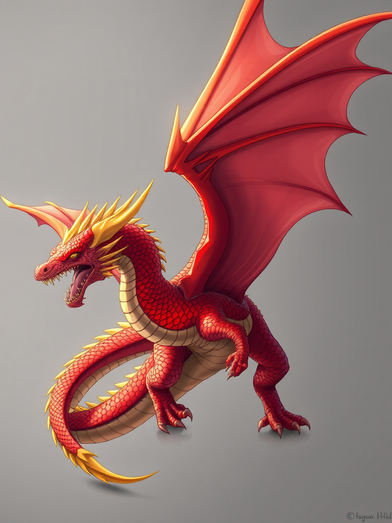 Create a high-resolution digital illustration of a vibrant red dragon with yellow accents, featuring detailed scales and a majestic wingspan, using a 50mm lens, f/2.8 aperture, dynamic angle view, and a DSLR camera style for enhanced clarity and color depth.
